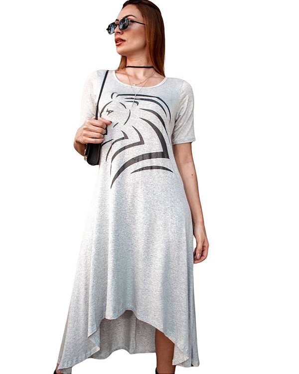 Vestido Mullet Viscolycra Cinza Mesclado estampado Leão Geométrico Preto, com frente mais Curta e Traseira Alongada