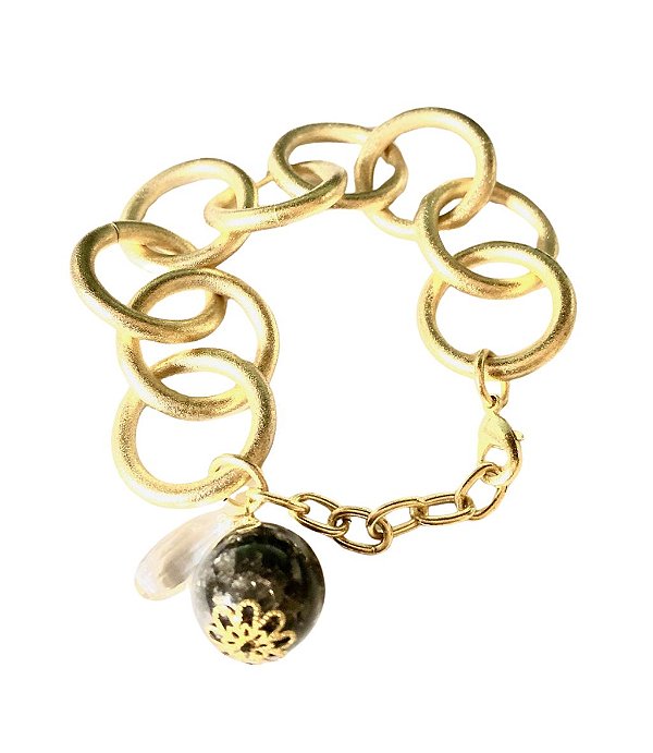 Pulseira de Argolas e Pedra Preta com Gota de Cristal