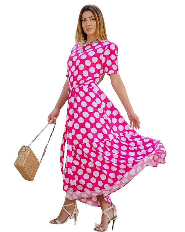 Vestido Midi Rosa em Viscose Poá Leve, Solto e com caimento Impecável