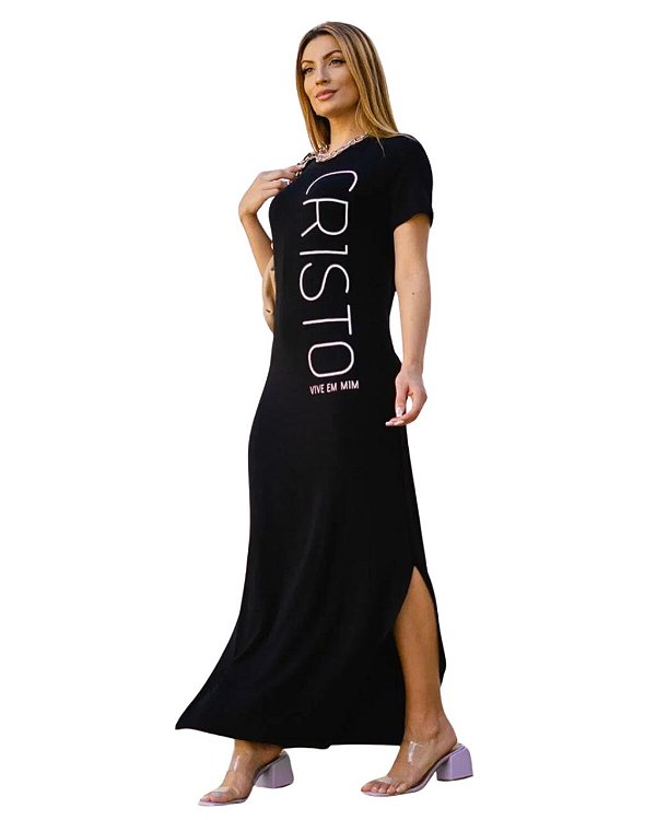 Vestido Preto em Moletim estampado Cristo Vive em Mim em Branco, Longo e Aberto do lado