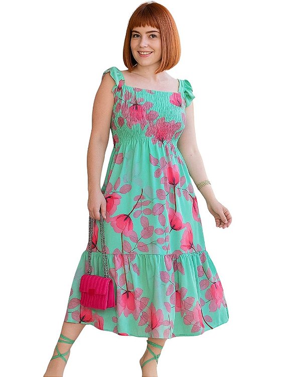 Vestido Liso Verde Tiphany, Florido Rosa com Lastex Midi de Alça com Babado