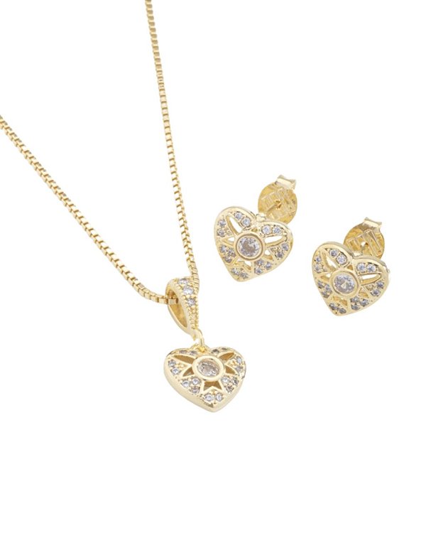 Conjunto Colar e Brinco Coração Vazado com Zircônia