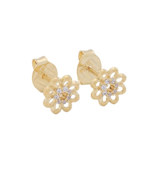 Brinco de Flor Vazada Cravejada com Mini Zircônia Lapidada