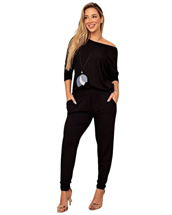 Conjunto Preto de Blusa e Calça em Viscolycra Lisboa