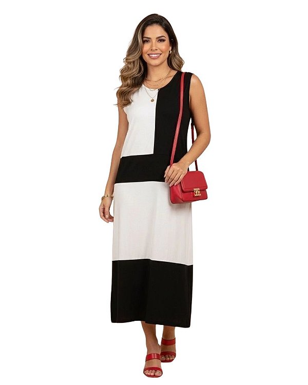 Vestido em Viscolycra Longo Regata Bicolor Tatiane