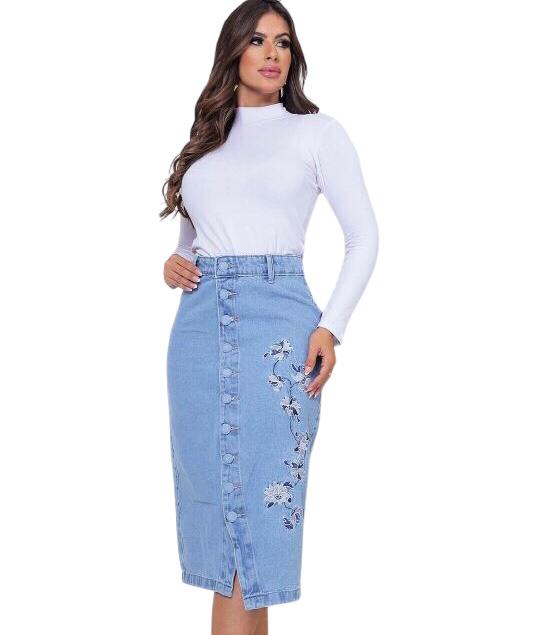Saia Jeans Midi Bordada