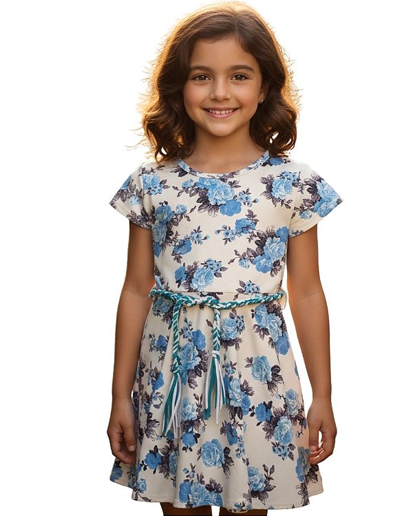 Vestido Infantil Floral Azul com Cinto