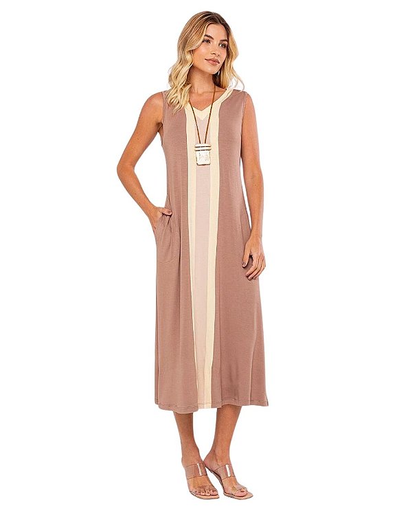 Vestido Liso com Listra Central Bela