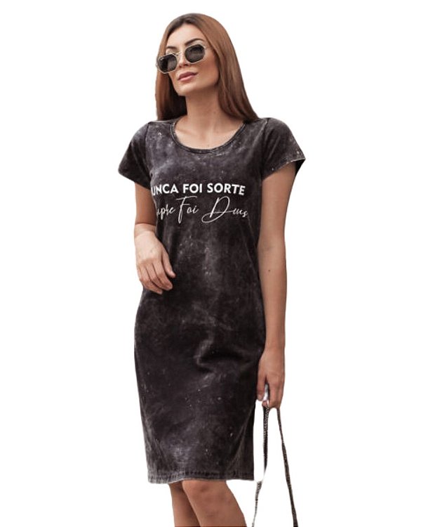 Vestido Preto Estonado estampado "Nunca foi Sorte, Sempre foi Deus" em Branco 100% Algodão
