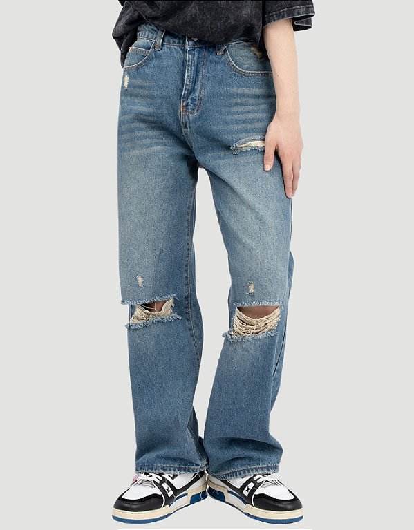 Calça Jeans Baggy Oversized Azul Padrão Light Destroyed
