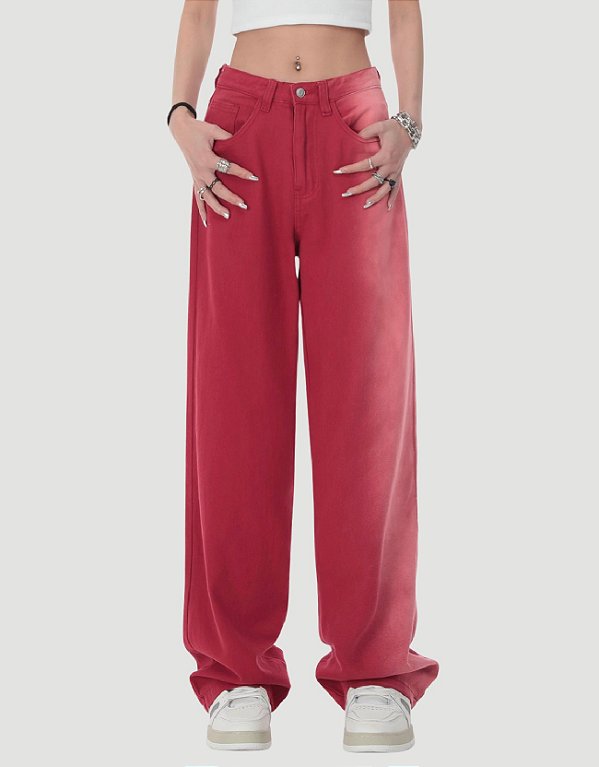 Calça Jeans com Barra Larga Baggy Vermelho Desbotado