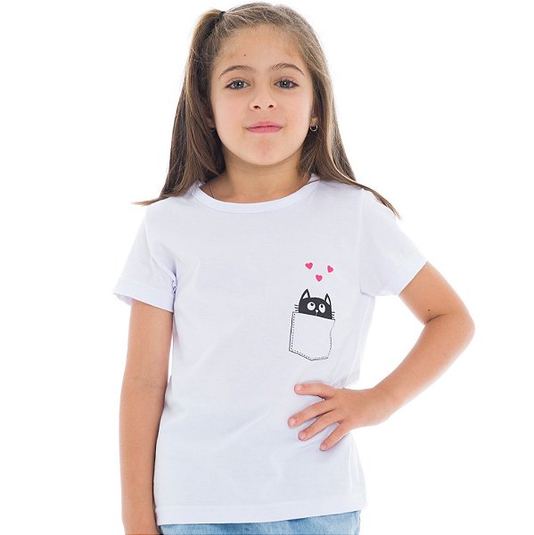 T-Shirt verão infantil  menina Branca bolsinho gatinho
