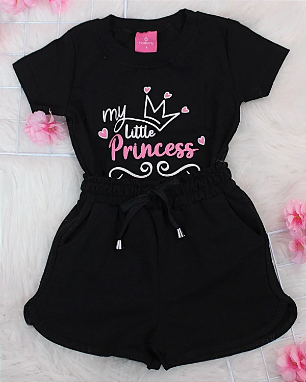 Conjunto Infantil Short Preto c/ Camiseta Princess 2 ao 14