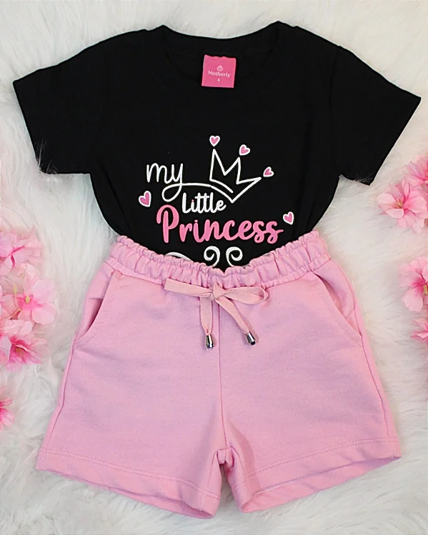 Conjunto Infantil Short Rosa c/ Camiseta Princess 2 ao 14