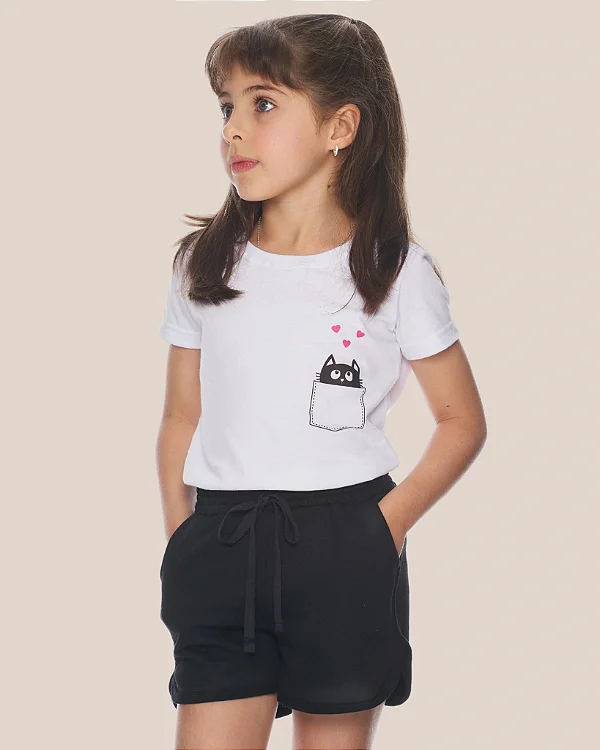 Conjunto Infantil Gatinho c/ Shortinho Preto 2 ao 14