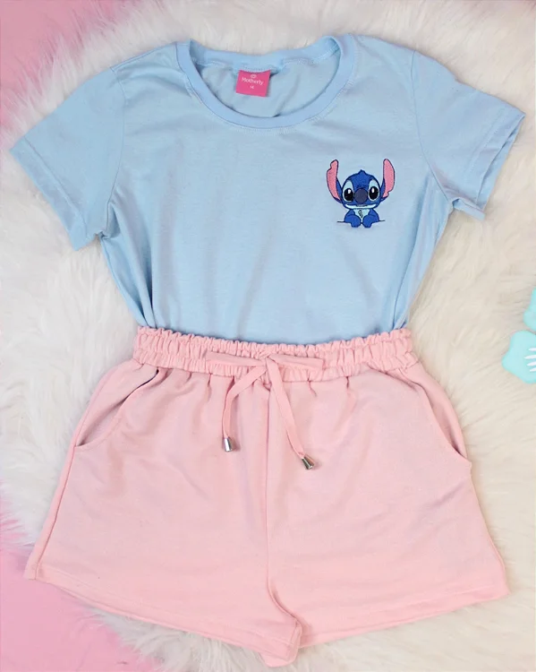 Conjunto Infantil Shorts Rosa c/ Camiseta Stitch Azul 2 ao 14