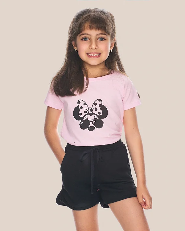 Conjunto Infantil Rosa Minnie c/ Shortinho Preto 2 ao 14