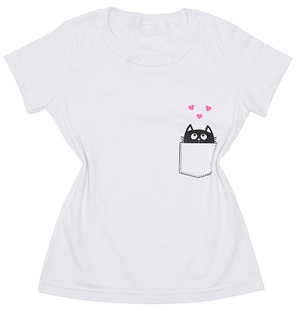 T-Shirt verão Feminina Adulta camiseta Branca Bolsinho Gatinho