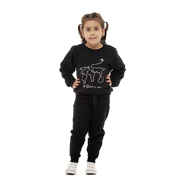 Conjunto Inverno moletom feminino infantil Preto Wor'd Is Mine
