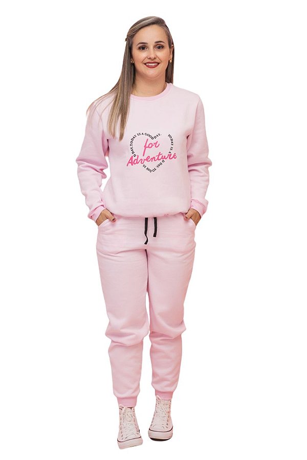 Conjunto Inverno moletom peluciado feminino adulto rosa claro for adventure