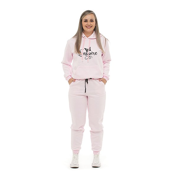 Conjunto Inverno moletom peluciado feminino com capuz e bolso canguru adulto rosa claro inspire