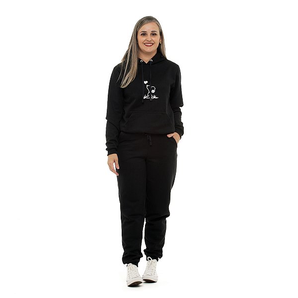 Conjunto Inverno moletom peluciado feminino com capuz e bolso canguru adulto preto snopy