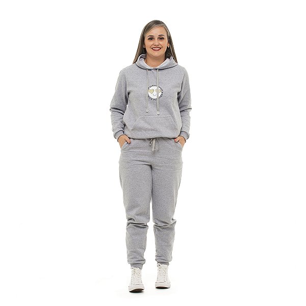 Conjunto Inverno moletom peluciado feminino com capuz e bolso canguru adulto mescla smile