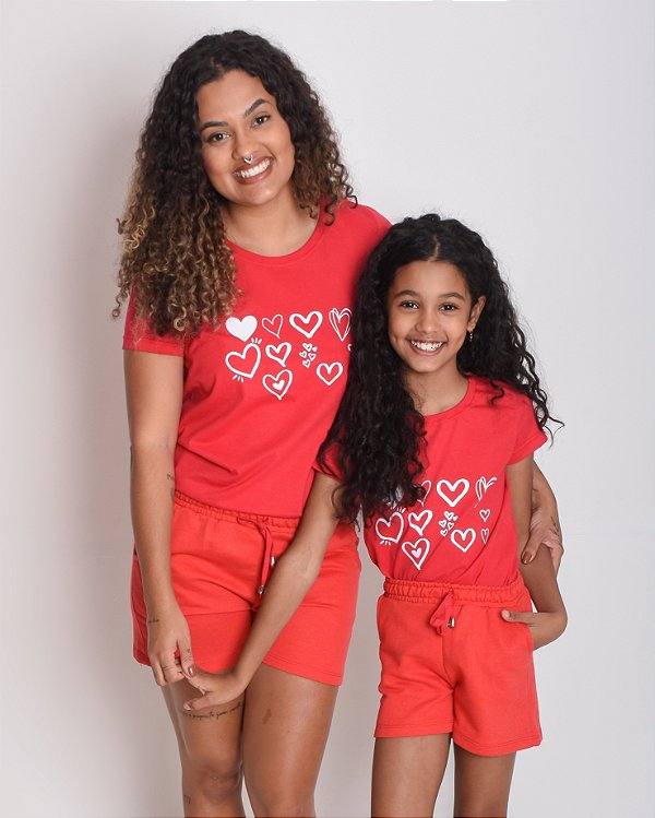 Conjunto verão Mãe e Filha vermelho Corações - Tamanhos 2 ao GG