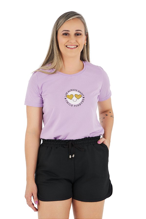 Conjunto verão Feminino: Shorts Preto e Camiseta lilás Smile