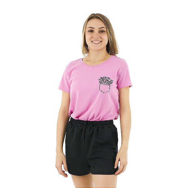 Conjunto verão Feminino: Short Preto e Camiseta Rosa Blush com Bolsinho Florido