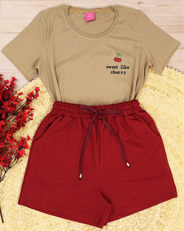 Conjunto Infantil Cereja c/ Shorts Bordô 2 ao 14