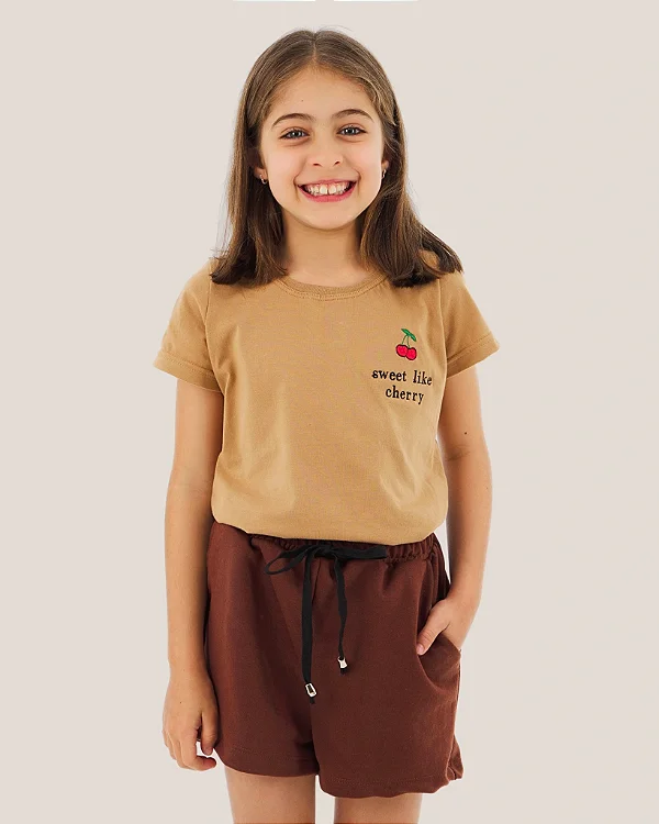 Conjunto Infantil Short Marrom c/ Camiseta Cereja 2 ao 14