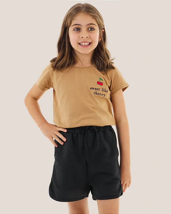 Conjunto Infantil Short Preto c/ Camiseta Cereja 2 ao 14
