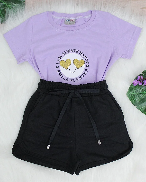Conjunto Infantil Smile Lilás c/ Short Preto 2 ao 14