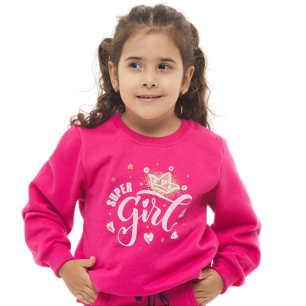 Casaco De Moletom  Peluciado Quentinho Para Meninas Cor Pink Super Girl