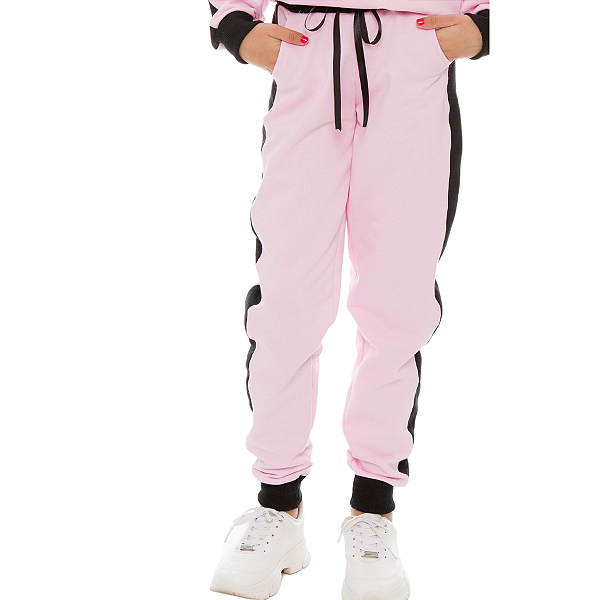 Calça grossa de Moletom Pelúciado quentinho na cor Rosa Bebê Recorte Preto