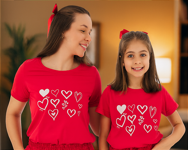 T-Shirt verão Mãe e filha Camisa vermelha corações - Tamanhos 2 ao G3
