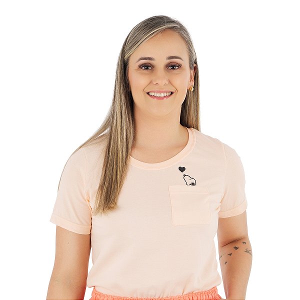 T-Shirt verão Feminina Adulta camiseta salmão claro bolsinho Snoopy P ao G3