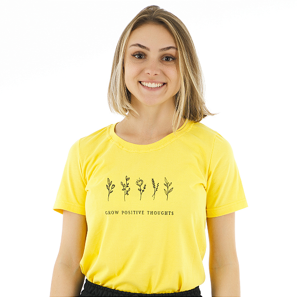 T-Shirt verão Feminina Adulta camiseta Amarela cultive pensamentos positivos P ao G3