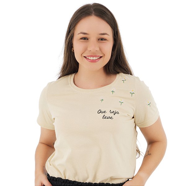 T-Shirt verão Feminina Adulta camiseta bege bordada seja leve P ao G3