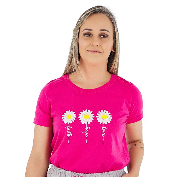 T-Shirt verão Feminina Adulta camiseta rosa pink margaridas P ao G3