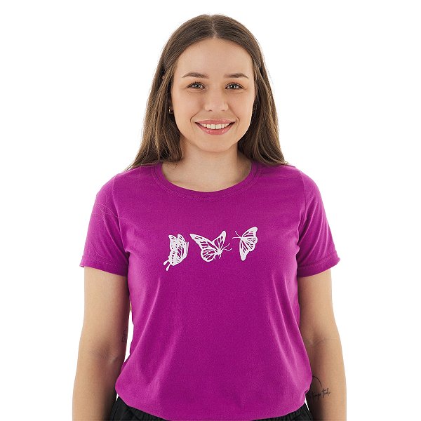 T-Shirt verão Feminina Adulta camiseta fúcsia borboletas P ao G3
