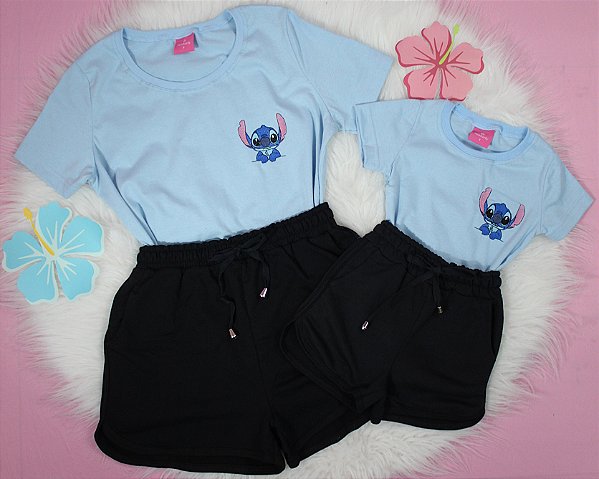 Conjunto verão Mãe e Filha: Camiseta Bordada Stitch e Shorts preto - Tamanhos 2 ao GG