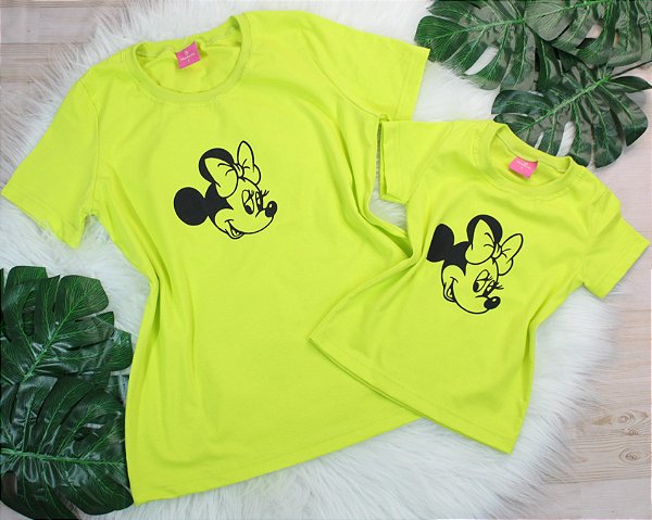T-Shirt Verão Mãe e Filha Minnie Neon Verde – Tamanhos 2 ao G3