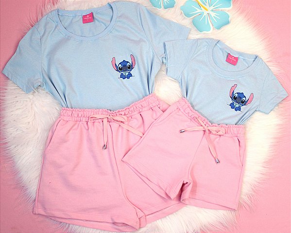 Conjunto verão Mãe e Filha: Camiseta Bordada Stitch e Shorts rosa claro - Tamanhos 2 ao GG
