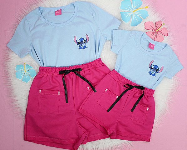 Conjunto verão Mãe e Filha: Camiseta Bordada Stitch e Shorts pink - Tamanhos 2 ao GG