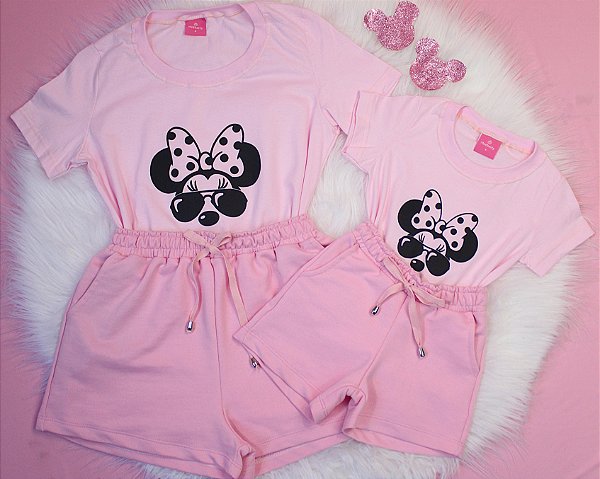 Conjunto verão Mãe e Filha rosa claro minnie e shorts rosa - Tamanhos 2 ao GG