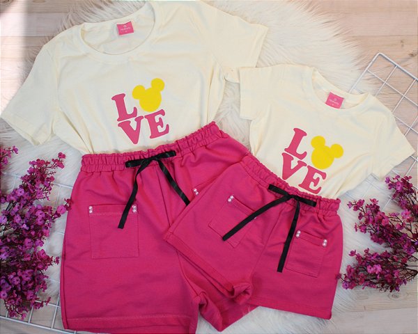 Conjunto verão Mãe e Filha bolsinho gatinho  e shorts preto - Tamanhos 2 ao GG