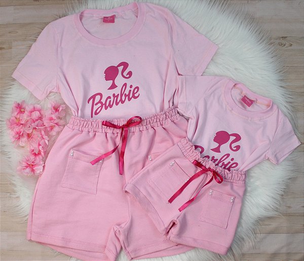 Conjunto verão Mãe e Filha rosa claro Barbie- Tamanhos 2 ao GG