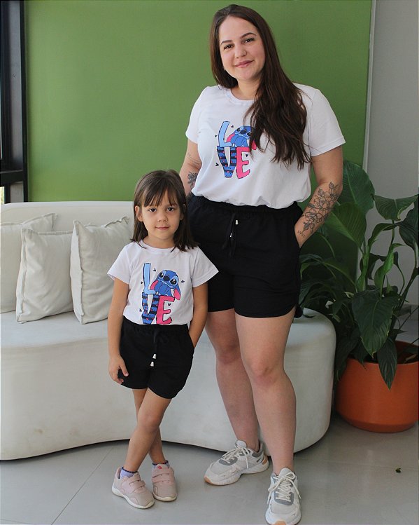 Conjunto Verão Mãe e Filha Stitch Love c/ Shorts Pink 2 ao GG